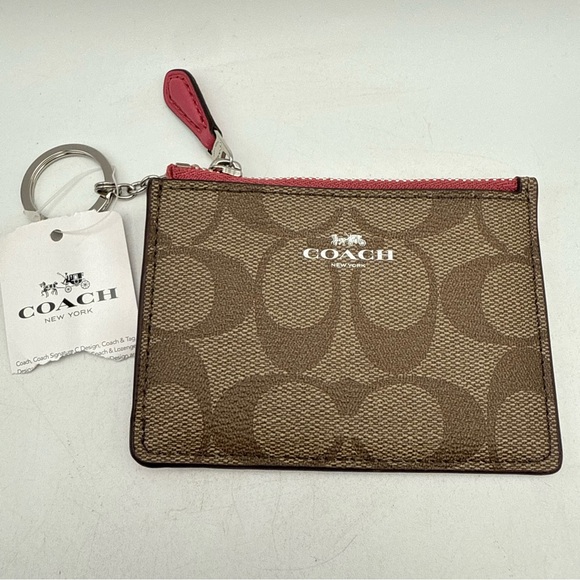 Coach Handbags - Coach Mini Skinny Signature Khaki Magenta Key Chain Card Case ID Wallet